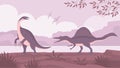 Lizard therizinosaurus vs spinosaurus on the background of a prehistoric landscape