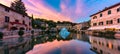 Thermal bath town of Bagno Vignoni, Italy during sunrise. Old thermal baths in the medieval village Bagno Vignoni, Tuscany, Italy