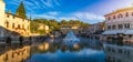 Thermal bath town of Bagno Vignoni, Italy during sunrise. Old thermal baths in the medieval village Bagno Vignoni, Tuscany, Italy