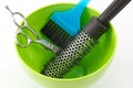 Thermal brush, scissors and brush hair dyeing Royalty Free Stock Photo