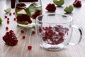 Thermal glass cup with ice and pomegranate tea with apple Royalty Free Stock Photo