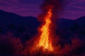 Thermal image of bright flames rise from brush in a mountainous area during twilight Royalty Free Stock Photo