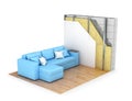 Thermal insulation. Cross-section of the wall, interior with a sofa. 3d