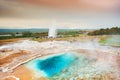 Thermal lake Blesi and Strokkur Geysir, Iceland Royalty Free Stock Photo