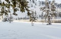 Thermal mist rises from Madison River in Yellowstone