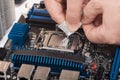 Thermal paste applied on a computer CPU. Royalty Free Stock Photo