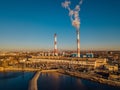 Thermal power plant. Aerial view from drone of large industrial area Royalty Free Stock Photo