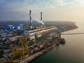 Thermal power plant at evening sunset. Aerial view from drone of large industrial area Royalty Free Stock Photo