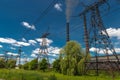 Thermal power stations and power lines. Distribution electric substation Royalty Free Stock Photo