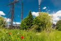 Thermal power stations and power lines. Distribution electric substation Royalty Free Stock Photo