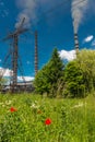 Thermal power stations and power lines. Distribution electric substation Royalty Free Stock Photo