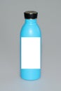 Thermal stainless steel bottle blue with black bung design template of packaging mockup on grey background
