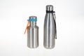 Thermal stainless two steel bottle with silver chrome bung design template of packaging mockup on grey background