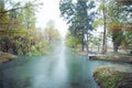 thermal water river, photo of morning fog over a lake in cold autumn weather in half moon san luis potosi