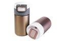 Thermo bottle with water isolated on white. Double-walled stainless steel thermos, front view.