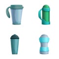 Thermo cup icons set cartoon . Various travel mug and thermos