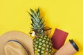 Thermo cup, pineapple, hat, sunglasses and foreign passport on yellow background tropics vacation concept Royalty Free Stock Photo