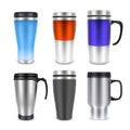 Thermo cup travel mug mock-up set, vector realistic illustration