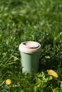 Thermo glass, thermo mug on green grass. Concept: less plastic, sustainable, recyclable.