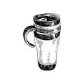 Thermo mug hand drawn black and white vector illustration.