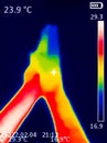 A A thermographic image of a hand with a human heart, showing different temperatures in different colors, from blue indicating