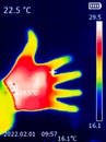 A thermographic image of a hand with a human heart, showing different temperatures in different colors, from blue indicating Royalty Free Stock Photo