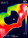 A A thermographic image of a hand with a human heart, showing different temperatures in different colors, from blue indicating