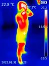 A thermographic image of a person`s body showing different temperatures in different colors, from blue indicating cold to red