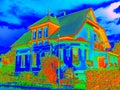 Thermography measurement scan. Traditional construction of bricks house with old style windows. Thermal waste