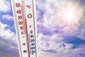 Thermometer against the sky with bright sun shows 30 degrees heat, summer heat