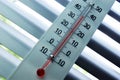 Thermometer on the background of blinds, hot summer day. Blinds - effective thermal protection from the light of the bright sun,