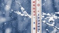 The thermometer on a background of a snow-covered tree branch shows minus 15 degrees Royalty Free Stock Photo