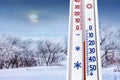 The thermometer on a background of winter landscape shows 15 degrees of frost. Cold weather in winter_ Royalty Free Stock Photo