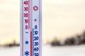 The thermometer on a background of winter landscape  at sunset shows 15 degrees of frost. Cold weather in winter_ Royalty Free Stock Photo