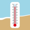 Thermometer on the beach. Extreme temperature. Heat wave. Vector illustration.