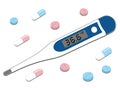 thermometer and blue and pink pills. Isolated Royalty Free Stock Photo