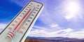 Thermometer on blue sky background, temperature forty degrees Celcius. 3d illustration