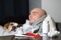 Thermometer, cold pills and a napkin on the background of a sleeping sick man lying in bed with his dog. Seasonal cold concept. ÃÂ¡