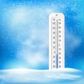 Color realistic thermometer with degrees Celsius and Fahrenheit on the cold snowflake winter background. Vector weather infographi