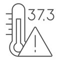 Thermometer danger temperature thin line icon, illness danger concept. Vector graphics. Measure tool sign on white