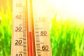 Thermometer displaying high 30 degree hot temperatures in sun summer day. Royalty Free Stock Photo