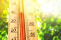 Thermometer displaying high 40 degree hot temperatures in sun summer day. Royalty Free Stock Photo