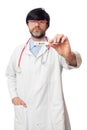 Thermometer in doctor hand in focus. Male doctor out of focus. Health care industry concept