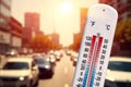 Thermometer in front of cars and traffic Royalty Free Stock Photo