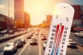 Thermometer in front of cars and traffic Royalty Free Stock Photo