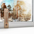 Thermometer on a frozen window and cold weather Royalty Free Stock Photo