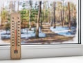Thermometer on a frozen window and cold weather in the spring st Royalty Free Stock Photo
