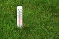 Thermometer on the grass. An air temperature of 40 degrees is shown by a thermometer. Summer heat. Copy space