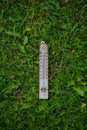 Thermometer on grass top view copy space