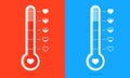 Thermometer with hearts. Meter of love. Gauge of temperature of love and happy. Couple icons with scale of warm on orange and blue